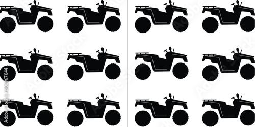 Black ATV silhouette set, offroad quad bike vector icons, all terrain vehicle transport, four wheeler motor sport adventure, extreme racing collection,