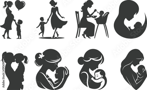 Mother and baby icon set collection with maternity silhouettes, parenting love symbols, pregnancy, childcare, family care moments isolated on white background vector.