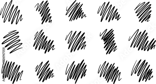 A collection of 12 unique black scribble patterns on a white background