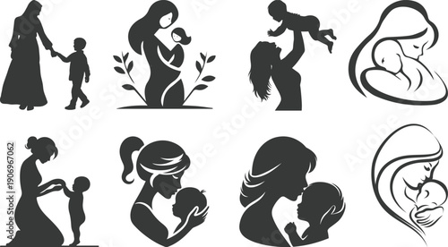 Mother and baby icon set collection with maternity silhouettes, parenting love symbols, pregnancy, childcare, family care moments isolated on white background vector.