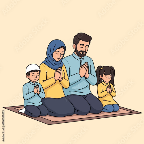 Family praying together on prayer mat with hands clasped