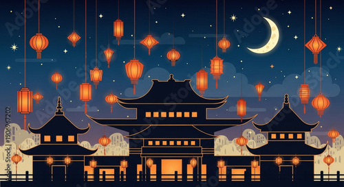 Chinese Lantern Festival Night Scene with Traditional Pagodas