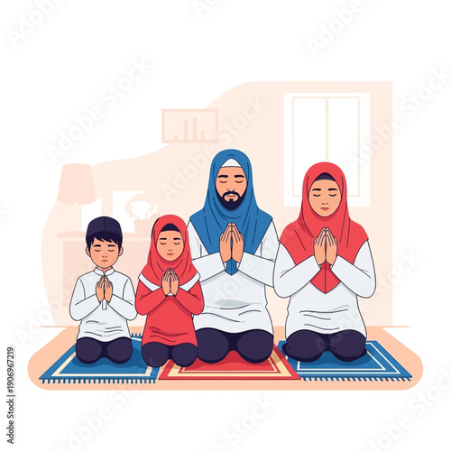 Family praying together on mats indoors at home in serene environment
