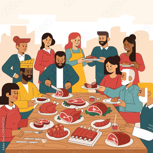 People gathering around a festive dinner table in a cityscape environment viewed from the side