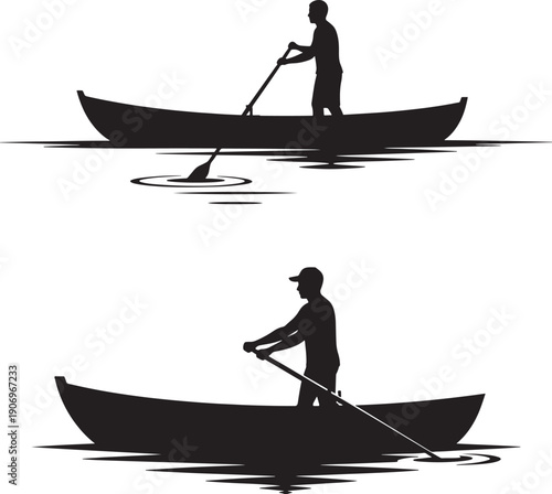 Silhouette of a person rowing a boat in different positions