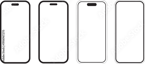 Four different outline styles of modern smartphone mockups are displayed side by side featuring blank screens for template use.
