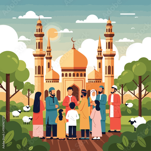 Community Gathering Outside Mosque on a Peaceful Day