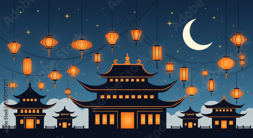 Chinese New Year Pagoda with Glowing Lanterns at Night