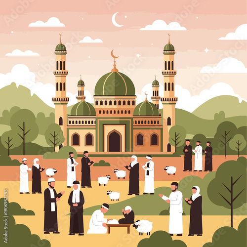 Community Gathering Outside Mosque for Prayer and Charity