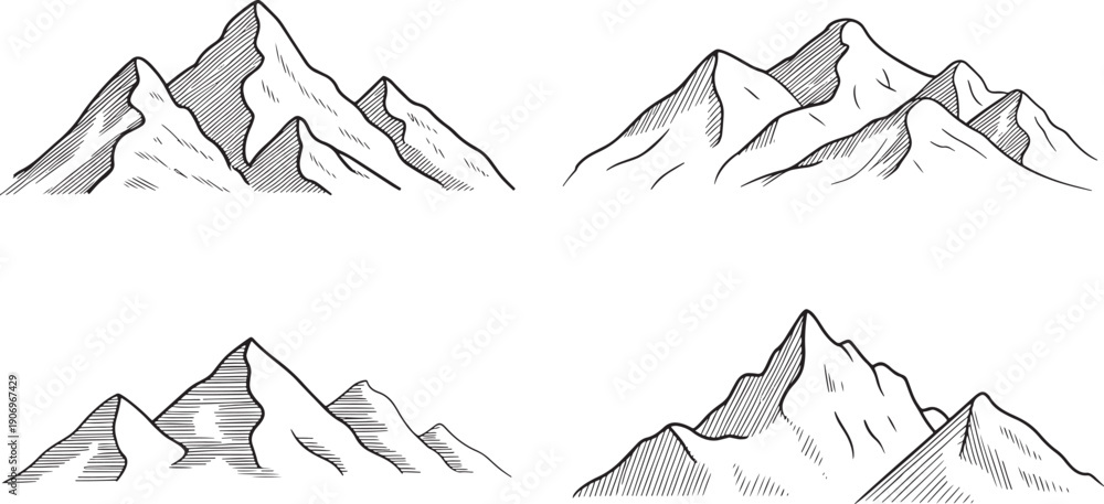 Fototapeta premium Various detailed line art sketches depict different mountain formations demonstrating elevation changes and shadowed areas for illustrative purposes in design.