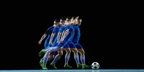 Stroboscopic sequence of football jump and ball trajectory. Concept of airborne motion, reaction timing, physical control, sports science visualization for training and media use.