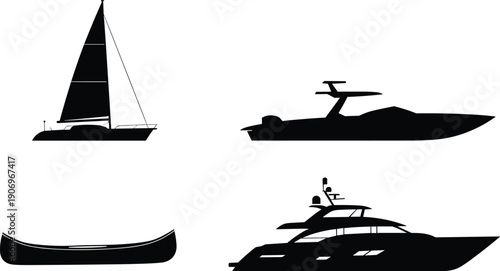Black boat silhouette set, sailboat, yacht, motorboat, and canoe icons, nautical maritime transport vector collection, ocean travel and sailing symbols,