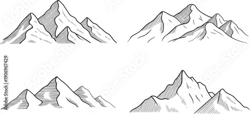 Various detailed line art sketches depict different mountain formations demonstrating elevation changes and shadowed areas for illustrative purposes in design.
