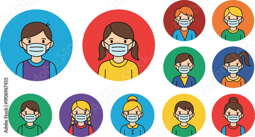 Children Wearing Medical Face Masks Avatar Collection Flat Vector Illustration Isolated on White Background
