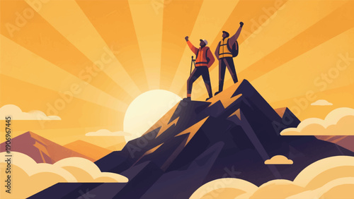 Illustration Of An Adventurer Standing On The Highest Peak Of A Mountain With The Sun Rising Vector Design Template