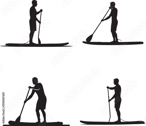 Silhouette of a person paddleboarding in various positions