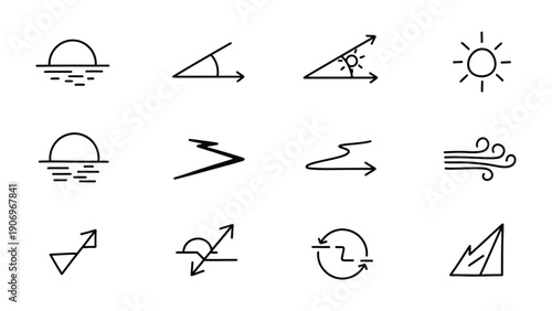 Weather Icons and Nature Elements: A curated collection of simple, black and white line art icons representing weather patterns and natural phenomena. 