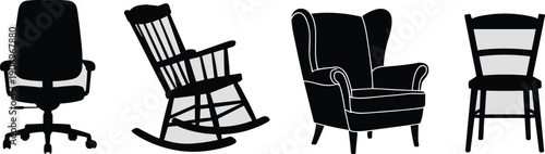 Black chair silhouette set, office desk chair, rocking chair, armchair, and wooden dining chair icons, furniture interior design vector collection,