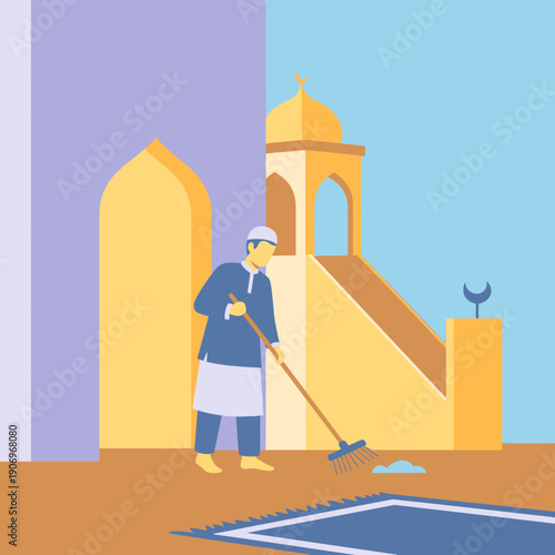 Man cleaning a mosque courtyard with a broom.