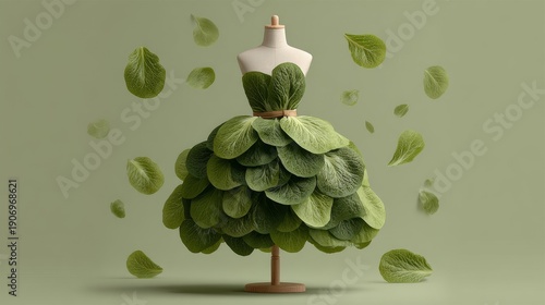 Nature-inspired fashion concept featuring eco-friendly leaf dress on mannequin, ideal for sustainable style, green design, and environmental campaigns