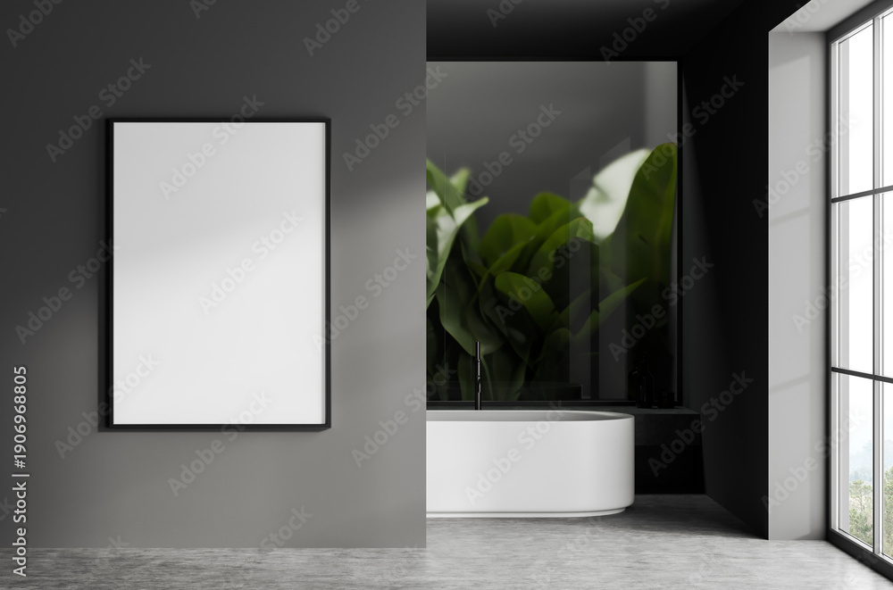 Obraz premium Blank vertical poster mockup on dark wall in modern bathroom interior, white bathtub near glass wall with green leaf reflections, 3D Rendering