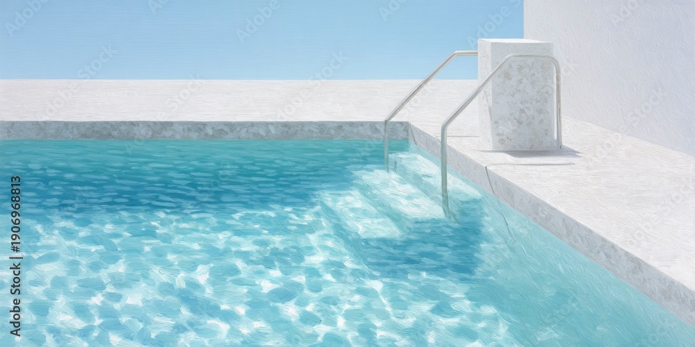 Obraz premium a swimming pool with clear blue water, white tiles, and a handrail