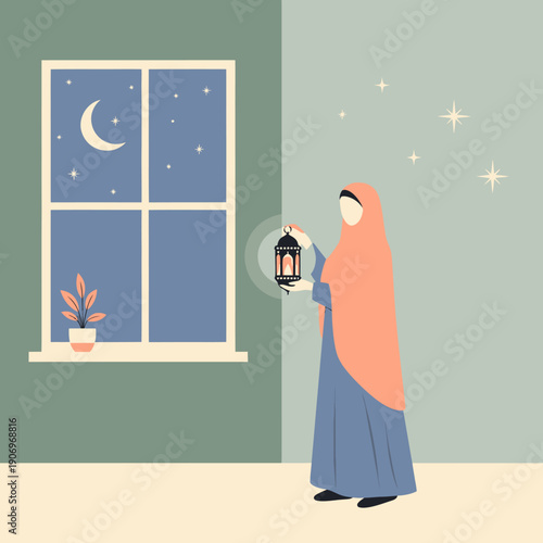 Woman in hijab holding lantern at night.
