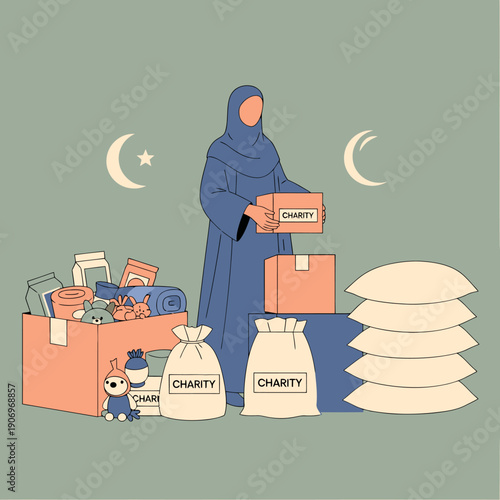 Woman in hijab donating charity goods.