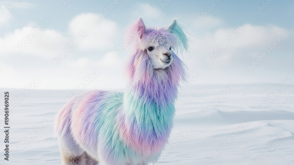 Fototapeta premium whimsical fantasy animal portrait of a fluffy llama with pastel rainbow colored fur standing in a vast snowy arctic landscape