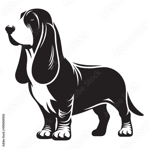 Adorable Basset Hound Dog Vector Silhouette Illustration Featuring Long Ears Short Legs Gentle Expression Perfect For Logos Stickers T-Shirts Posters Prints Social Media Branding Pet.