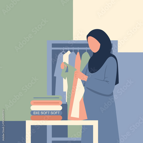 Woman in hijab choosing clothing from closet.