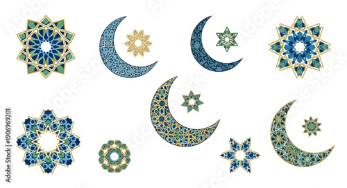 Islamic Geometric Patterns Crescent Moon and Star Ornaments.