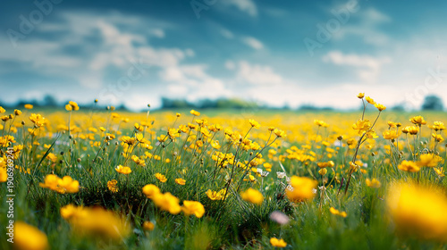 Yellow wildflowers in a green field on a sunny spring day.