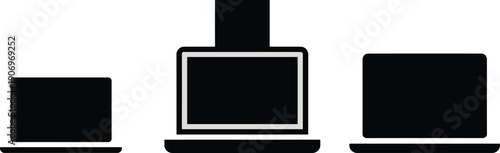 Black laptop silhouette set, desktop computer monitor icons, portable notebook vector collection, digital device display symbols, modern technology hardware pack,