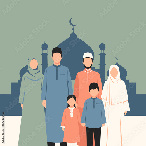 A Muslim family standing in front of a mosque.