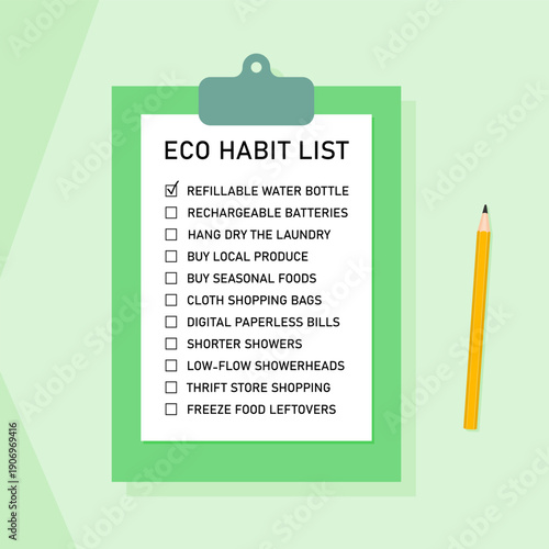 Eco and sustainability checklist. Vector to do list clipboard for environmentally friendly habits, lifestyle tricks and sustainable daily life ideas.