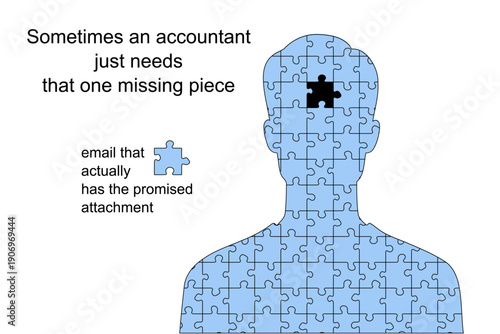 Meme about accounting problems - clients sending emails without promised attachment. Person with one missing piece. Humor for social media.