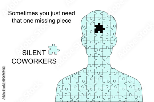 Meme about introvert needs in the office - silent coworkers. Person with one missing piece. Humor for social media.