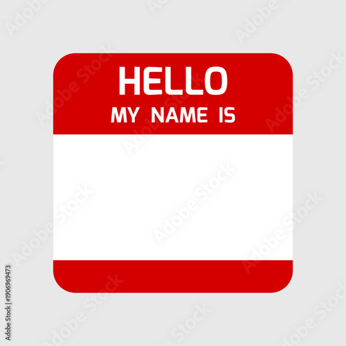 Name badge or sticker template. Blank hello my name is simple introduction tag design. Red square name badge.
