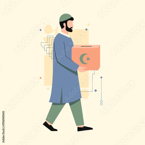 Man carrying box with crescent moon symbol.