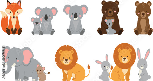 Cute Cartoon Animal Family Character Set with Parent and Baby Fox Koala Bear Elephant and Lion for Kids Vector Illustrations