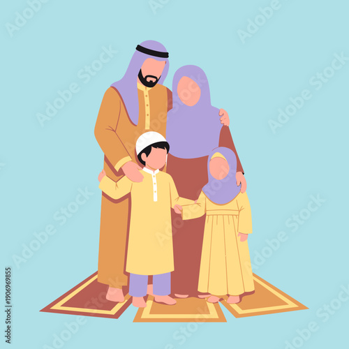 A Muslim family in traditional clothing standing together.
