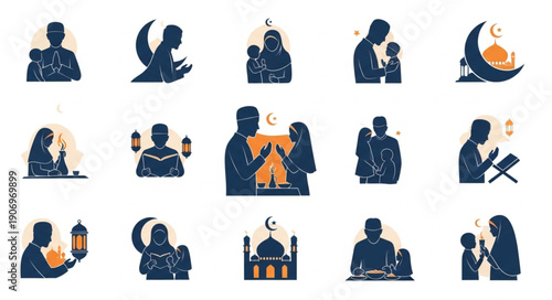 Islamic Family Silhouettes Celebrating Ramadan and Eid.