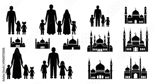 Islamic Family Silhouettes and Mosque Icons.