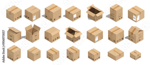 Big Isometric Delivery Carton Box Set, detailed three dimensional cardboard box collection created for shipping services