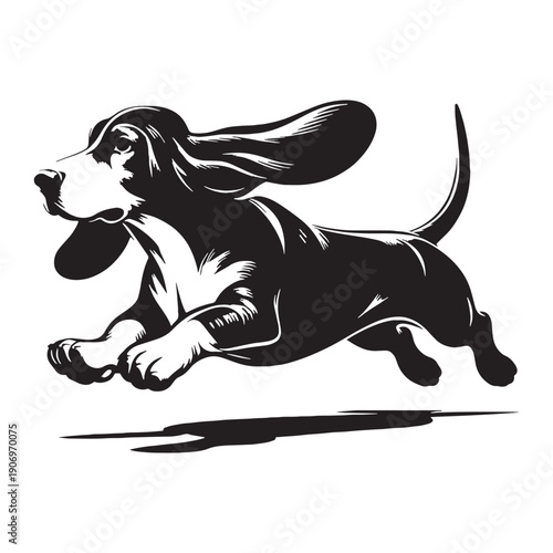 Adorable Basset Hound Dog Vector Silhouette Illustration Featuring Long Ears Short Legs Gentle Expression Perfect For Logos Stickers T-Shirts Posters Prints Social Media Branding Pet.