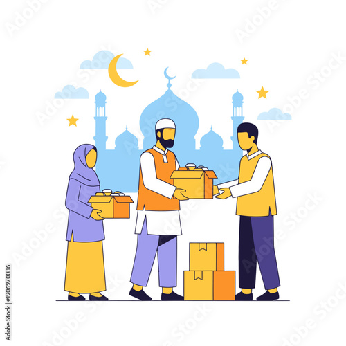 People exchanging food boxes during Ramadan.