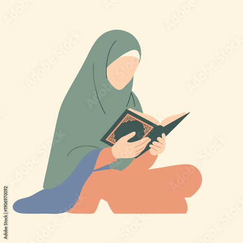 Woman reading a holy book sitting.