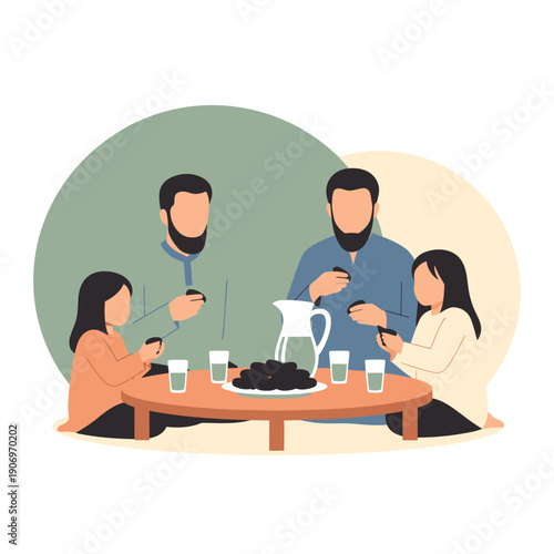 A group of people sitting around a table with food and drinks.