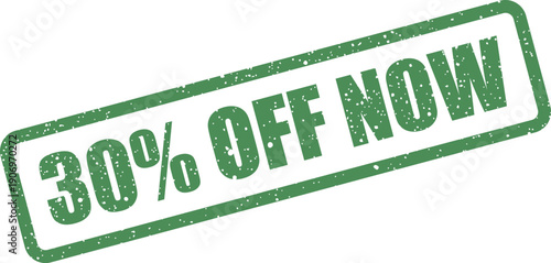 Grunge rubber stamp design showing a thirty percent discount message for immediate action, ideal for promotional graphics